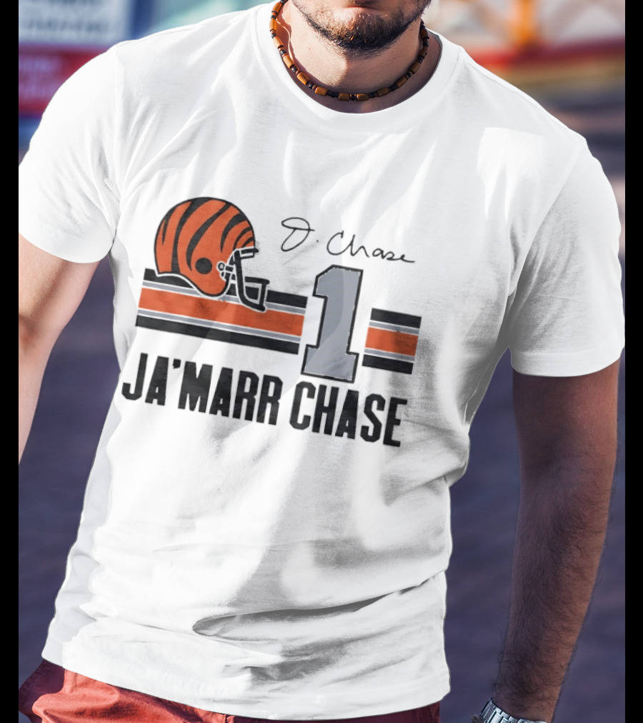 Cincinnati Bengals Ja'Marr Chase Helmet 1 J Signature Stripes Wood Texture T-Shirt