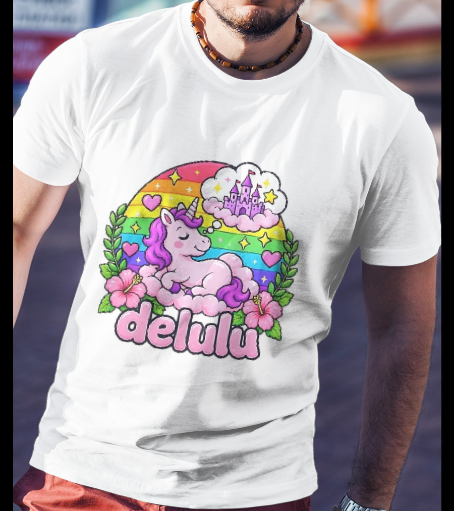 Delulu Unicorn Rainbow Castle Dreams With Colorful Heart Accents T-Shirt