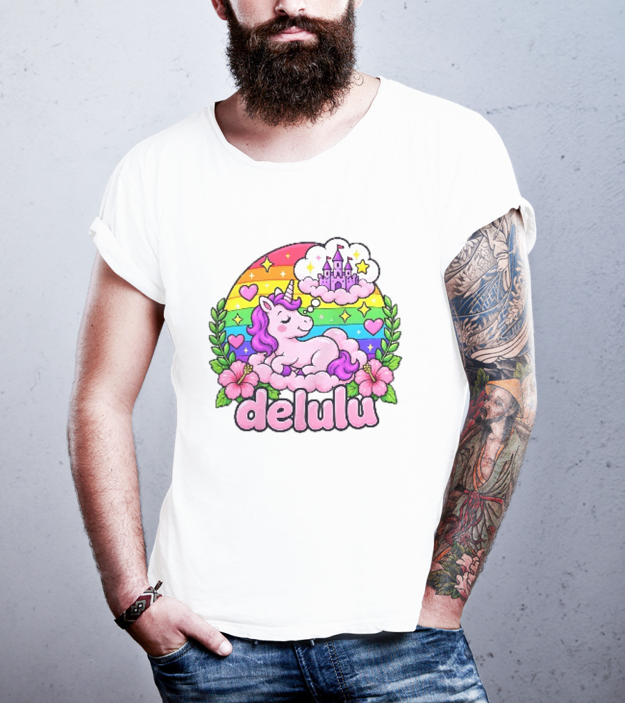 Delulu Unicorn Rainbow Castle Dreams With Colorful Heart Accents T-Shirt