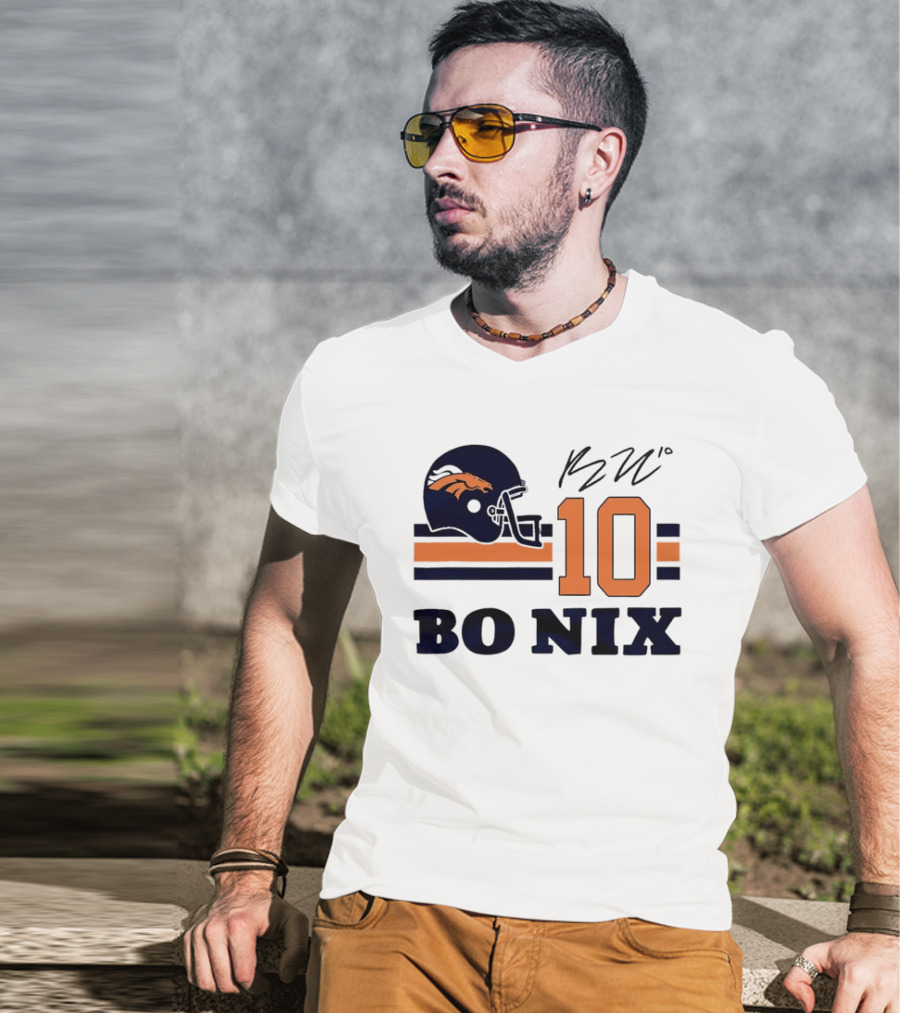 Denver Broncos Bo Nix 10 Football Helmet Horizontal Stripes T-Shirt