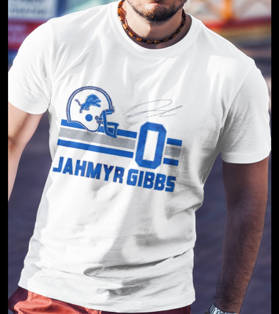 Detroit Lions Jahmyr Gibbs Zero Helmet Number Stripes Distressed T-Shirt