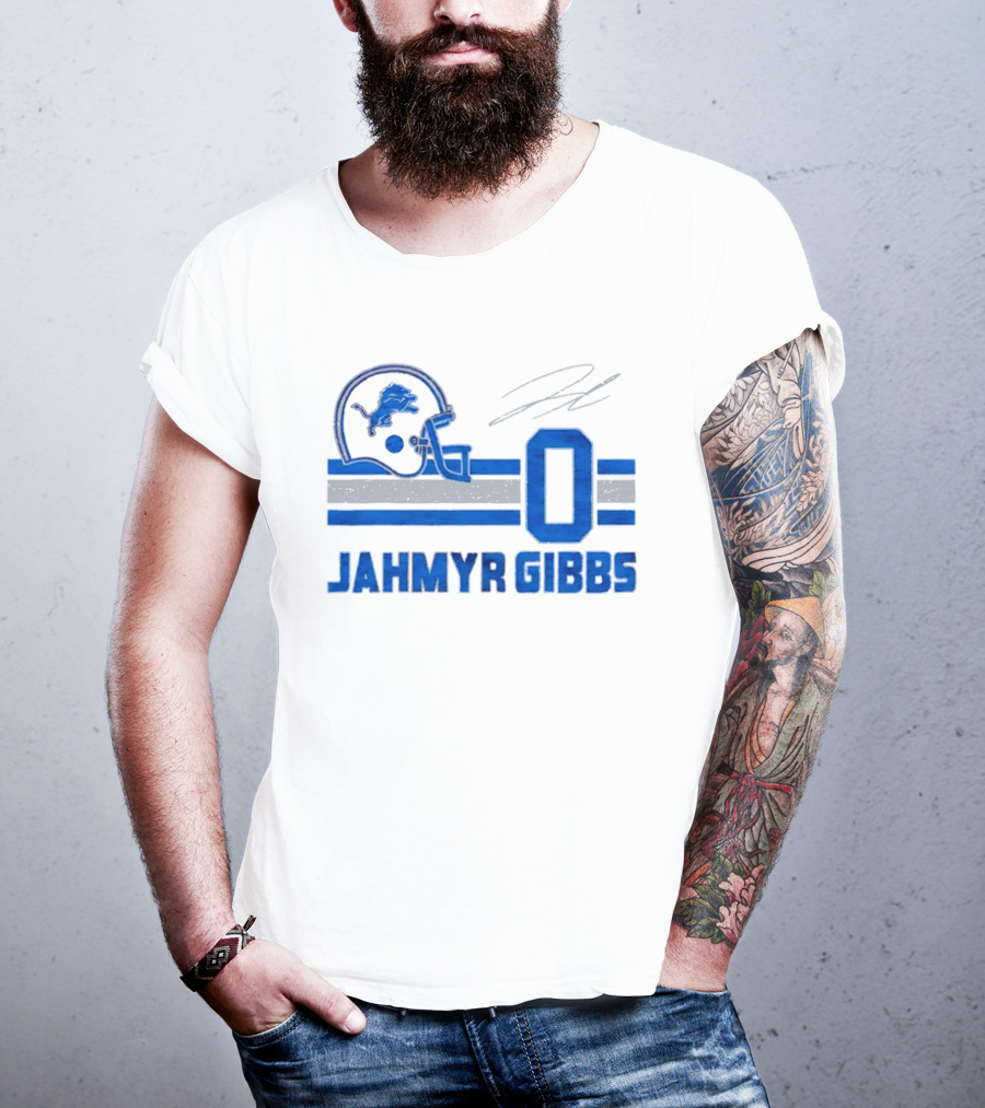 Detroit Lions Jahmyr Gibbs Zero Helmet Number Stripes Distressed T-Shirt
