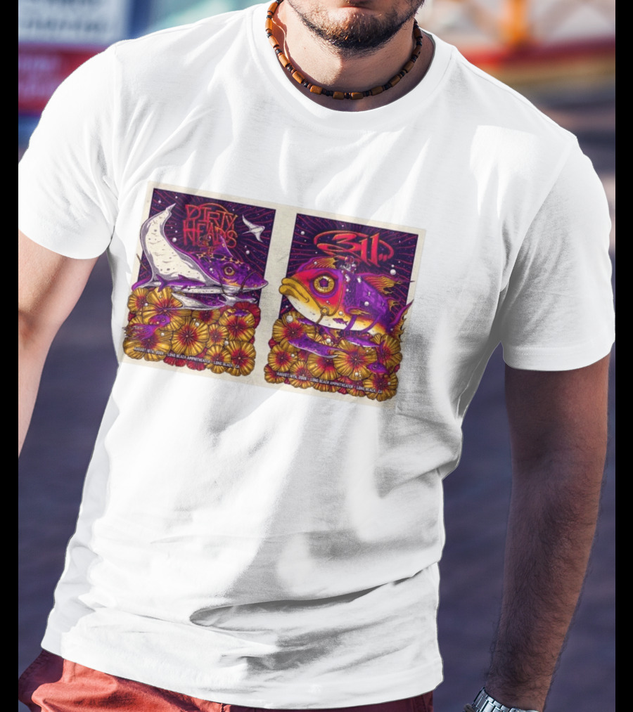 Dirty Heads 311 August 18 2026 Long Beach Amphitheater California Concert Art Colorful Fish Flowers T-Shirt