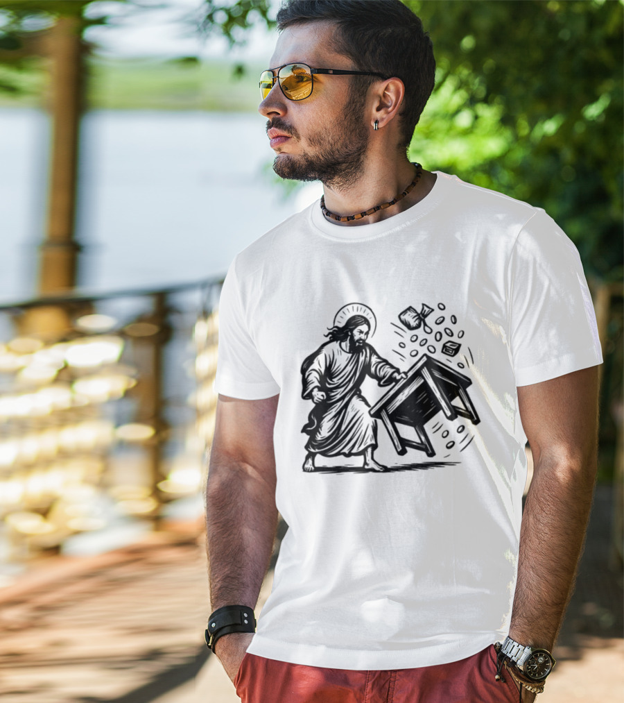 Jesus Flipping Tables With Coins And Cup T-Shirt