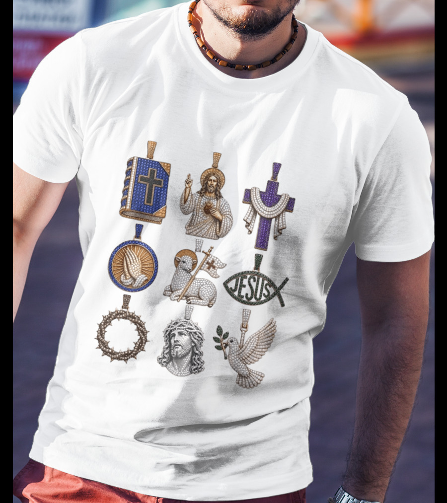 Jesus Cross Bible Lamb Fish Dove Crown Praying Hands Gemstone Pendants Collection T-Shirt
