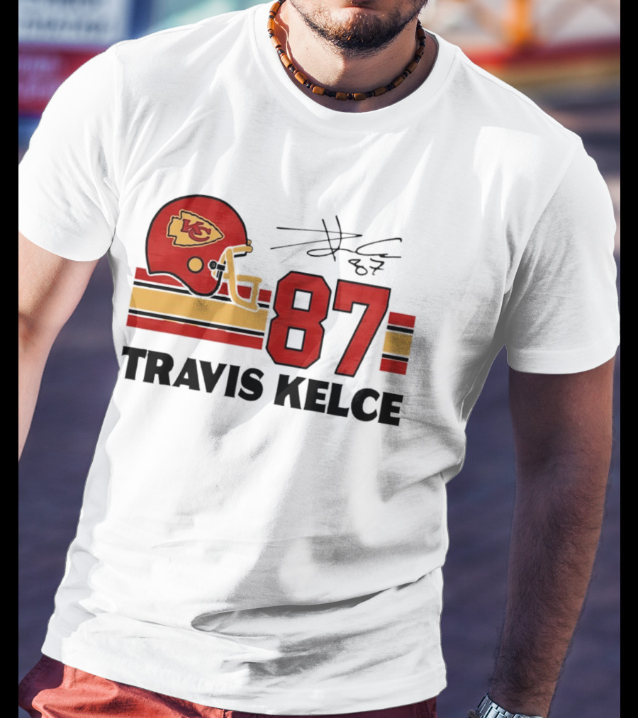 Kansas City Chiefs Travis Kelce 87 Red Gold Helmet Stripes T-Shirt
