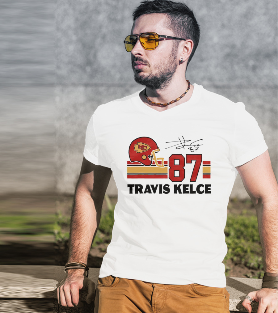 Kansas City Chiefs Travis Kelce 87 Red Gold Helmet Stripes T-Shirt