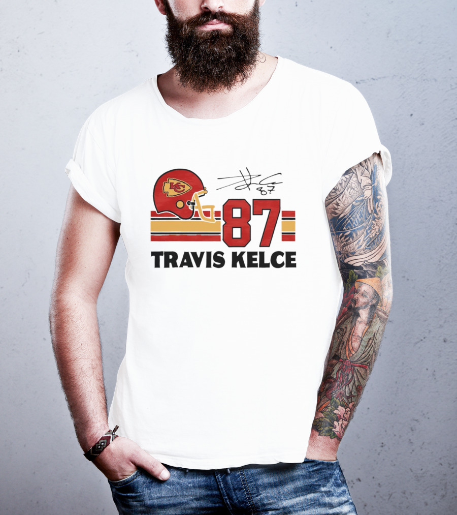 Kansas City Chiefs Travis Kelce 87 Red Gold Helmet Stripes T-Shirt
