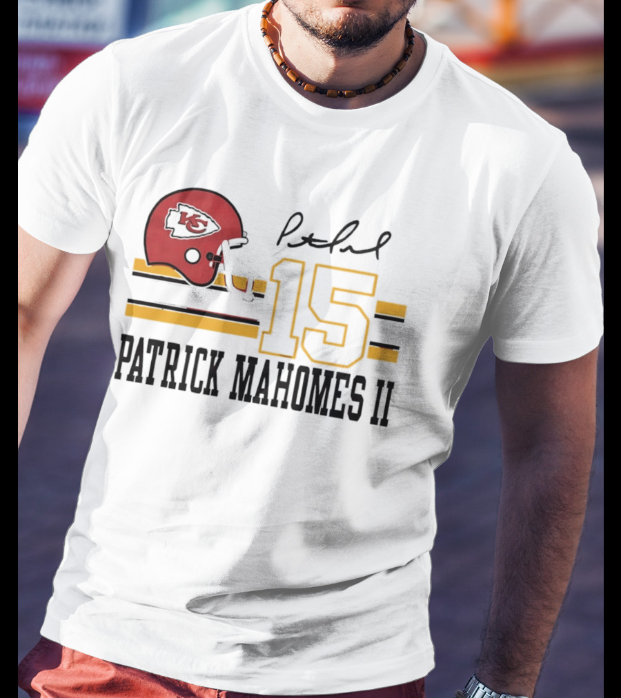 Kansas City Chiefs Patrick Mahomes II Number 15 Signature Football Helmet Stripes T-Shirt