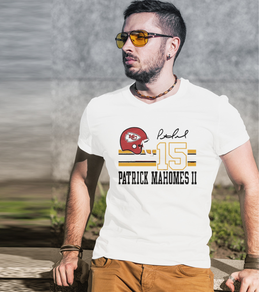 Kansas City Chiefs Patrick Mahomes II Number 15 Signature Football Helmet Stripes T-Shirt
