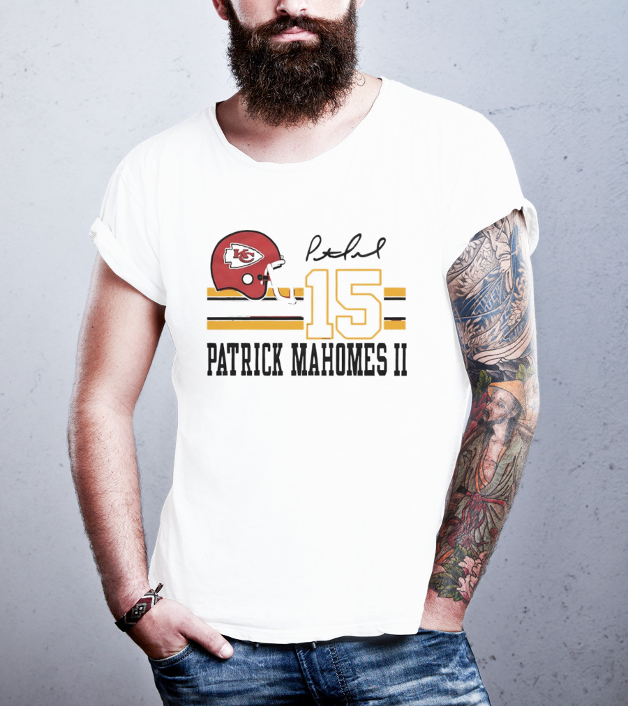 Kansas City Chiefs Patrick Mahomes II Number 15 Signature Football Helmet Stripes T-Shirt