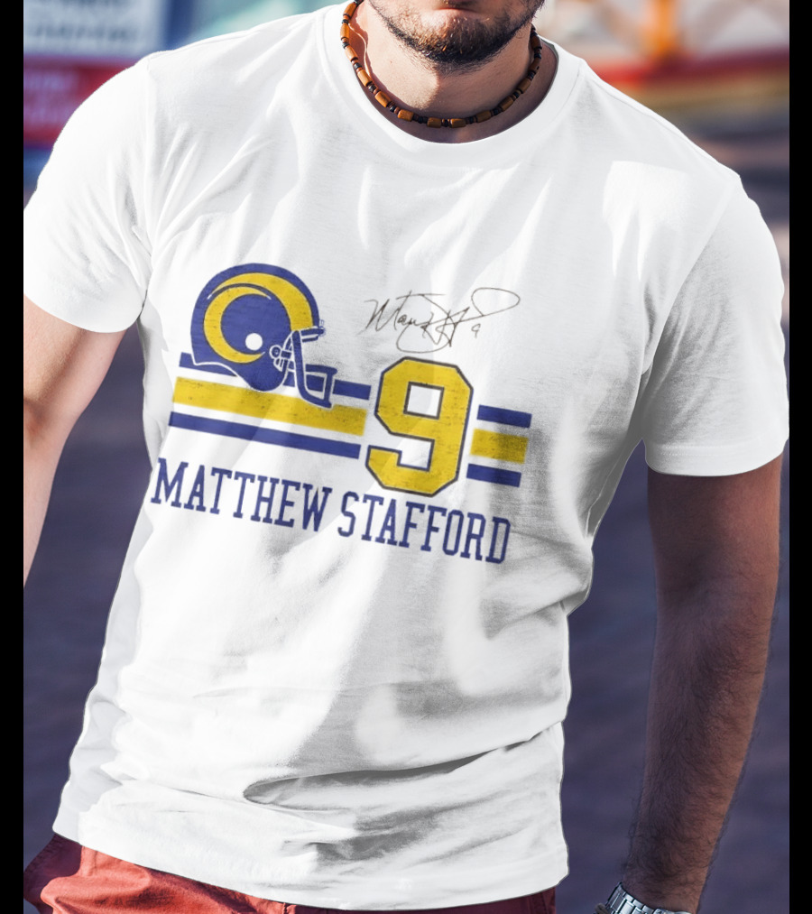 Los Angeles Rams Matthew Stafford Helmet Autograph Number 9 Blue Yellow Stripes T-Shirt