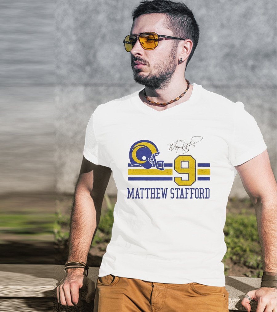 Los Angeles Rams Matthew Stafford Helmet Autograph Number 9 Blue Yellow Stripes T-Shirt