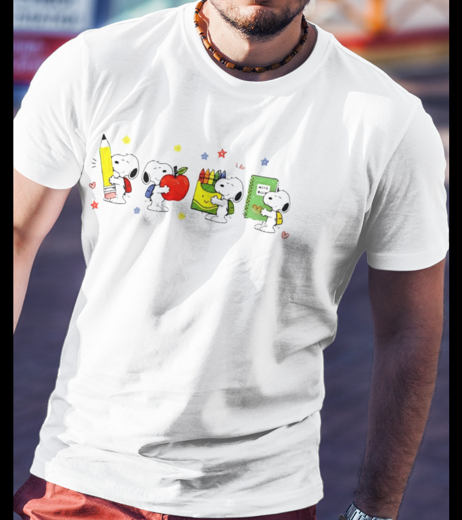 Peanuts Snoopy Cartoon Characters With School Supplies Pencil Apple Crayons Notebook T-Shirt
