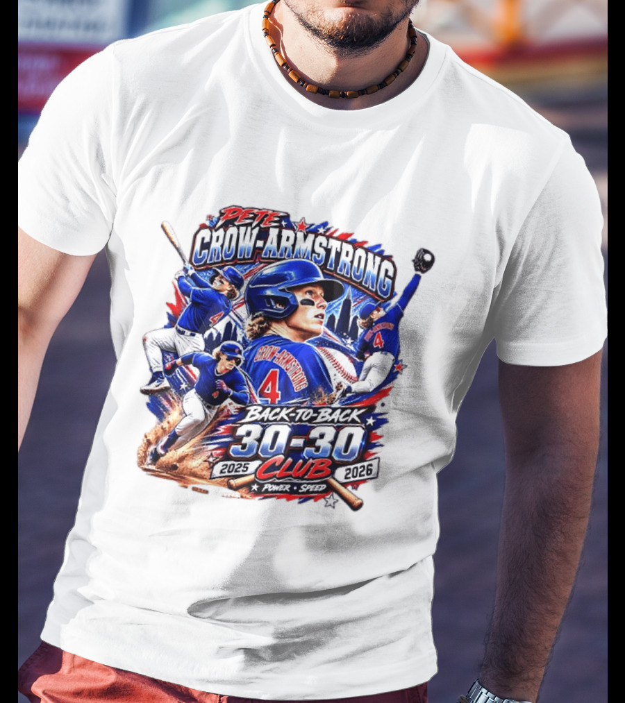Pete Crow Armstrong Back To Back 30 30 Club 2025 2026 Power Speed Chicago Baseball Action Skyline T-Shirt