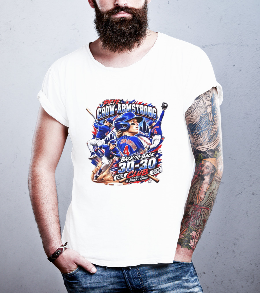 Pete Crow Armstrong Back To Back 30 30 Club 2025 2026 Power Speed Chicago Baseball Action Skyline T-Shirt