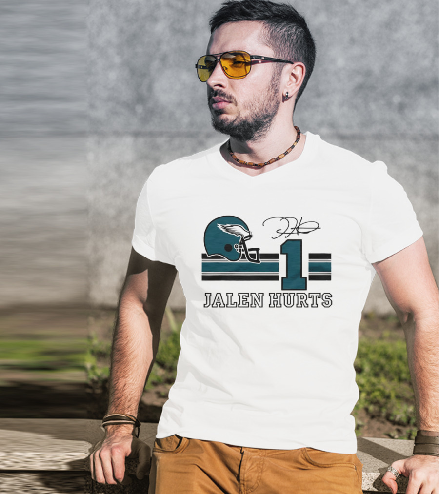 Philadelphia Eagles Jalen Hurts Helmet Number 1 Signature T-Shirt