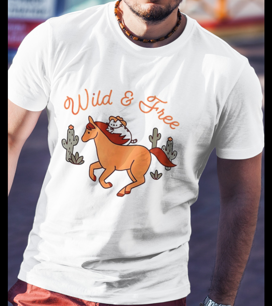 Wild And Free Cartoon Cowboy Cat Galloping Horse Cactus Scene T-Shirt