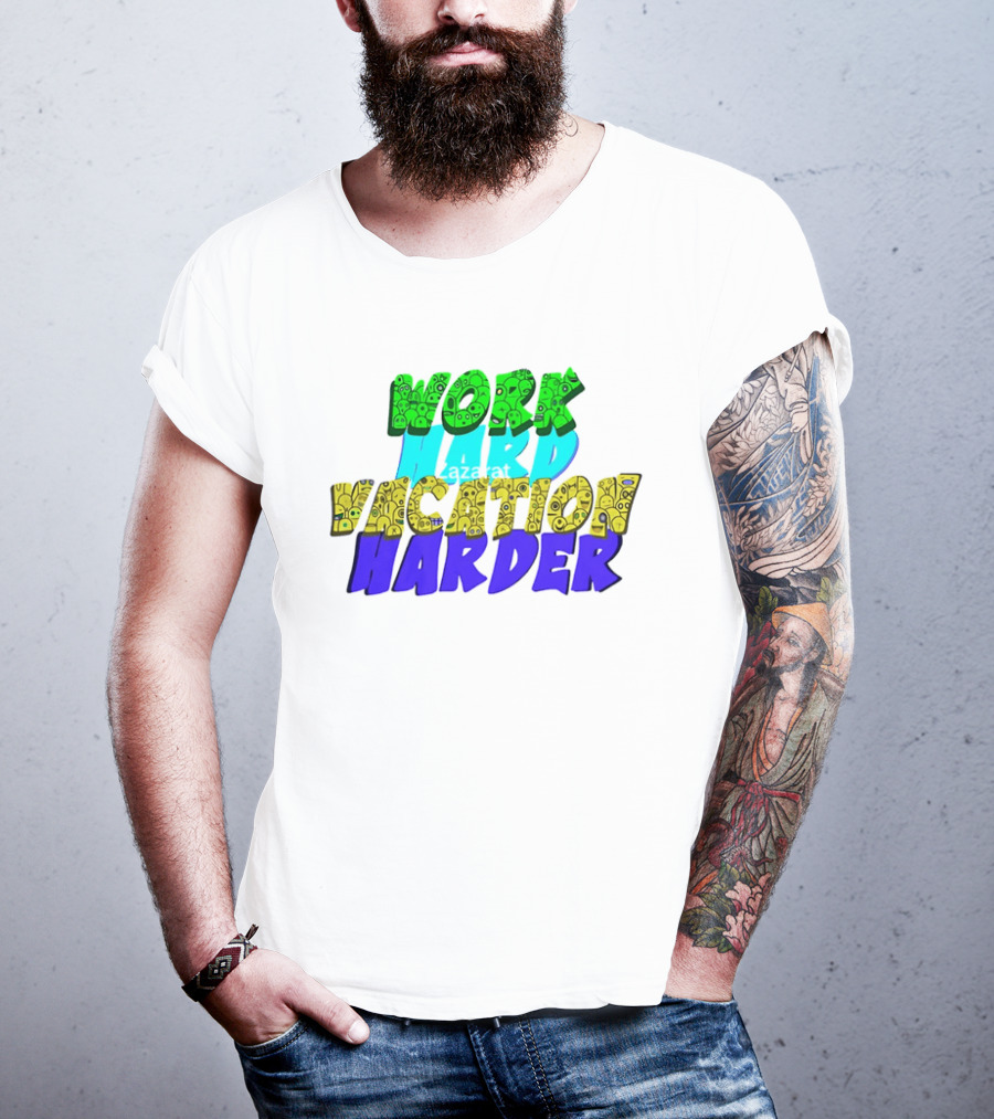 Work Hard Vacation Harder Emoji Patterned Colorful T-Shirt