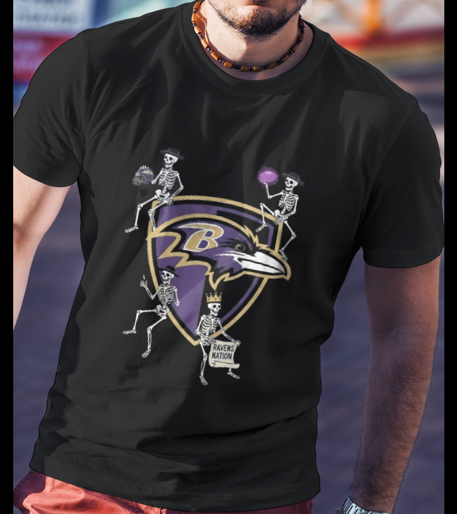 Baltimore Ravens Nation Skeletons Football Helmet Shield Ravens Logo Halloween T-Shirt