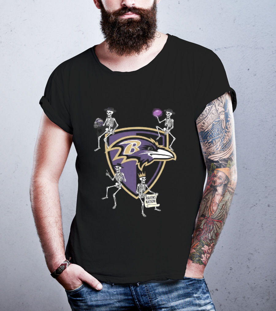 Baltimore Ravens Nation Skeletons Football Helmet Shield Ravens Logo Halloween T-Shirt