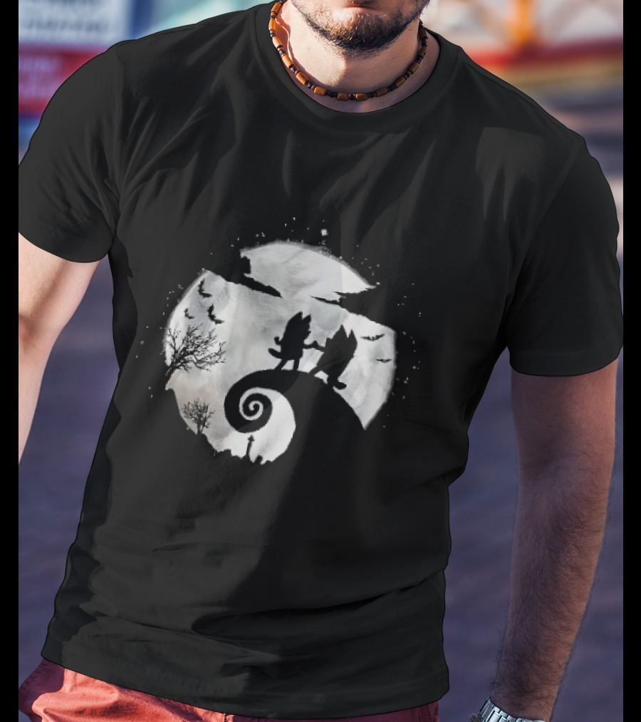 Bluey And Bingo Halloween Mashup With Iconic Moonlit Hill Scene T-Shirt