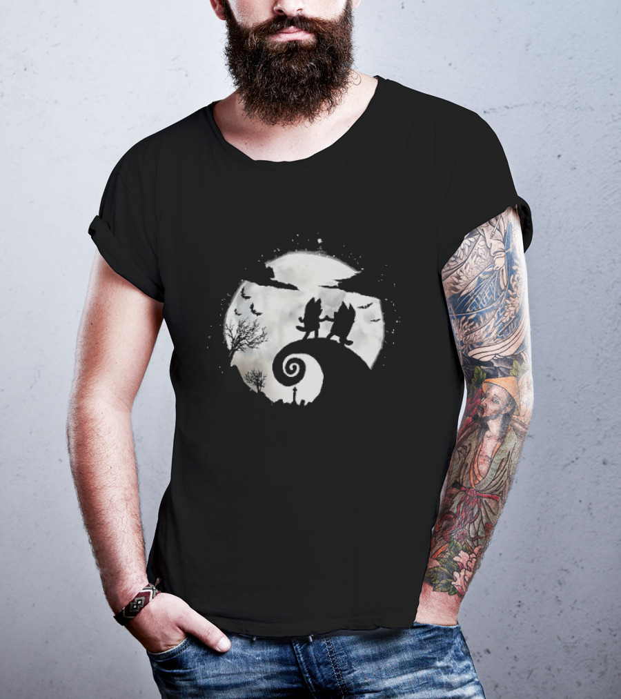 Bluey And Bingo Halloween Mashup With Iconic Moonlit Hill Scene T-Shirt