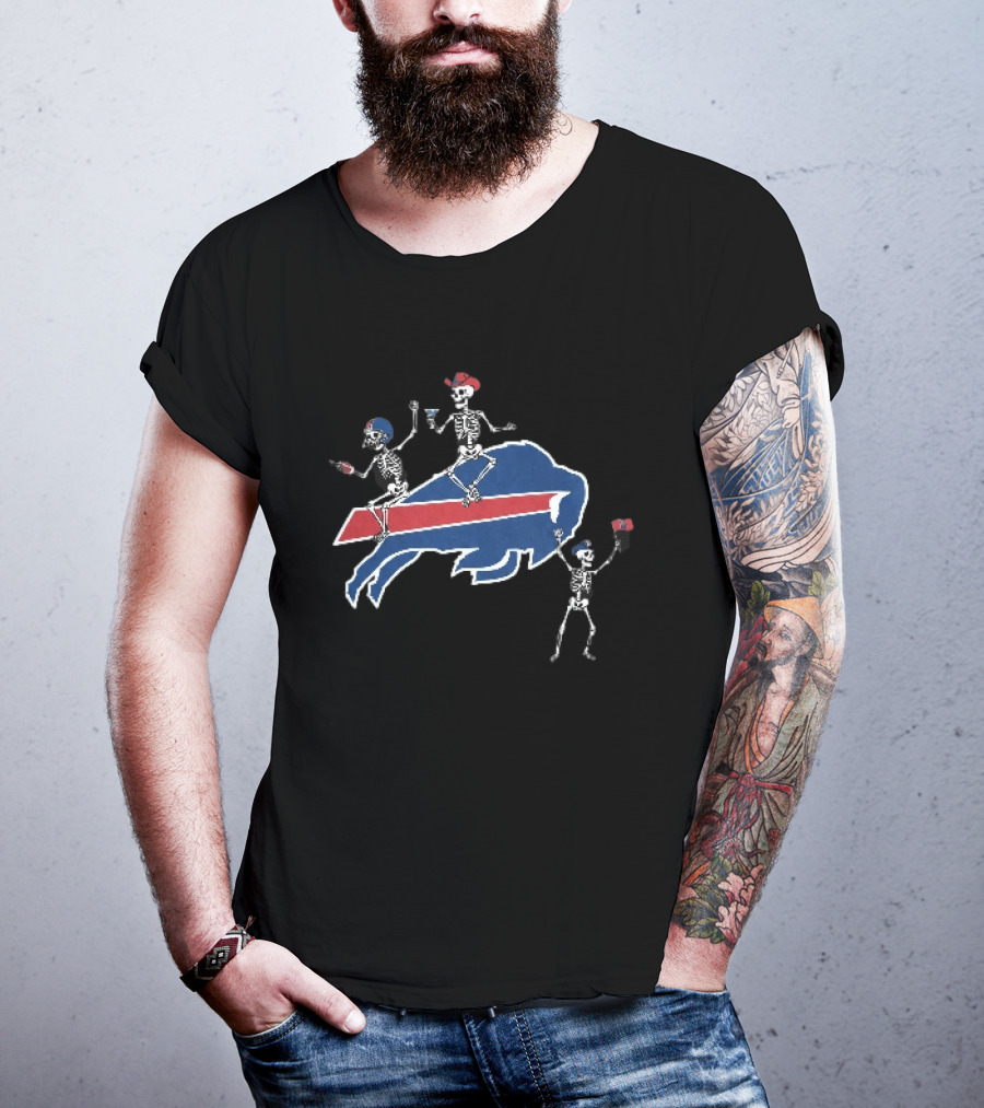 Buffalo Bills Skeletons Riding Logo With Cowboy Hats And Footballs T-Shirt