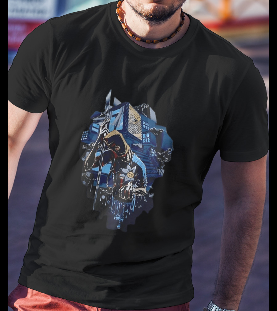 Masked Figure With Spear And Smiling Flower By Mysterious Floating House T-Shirt