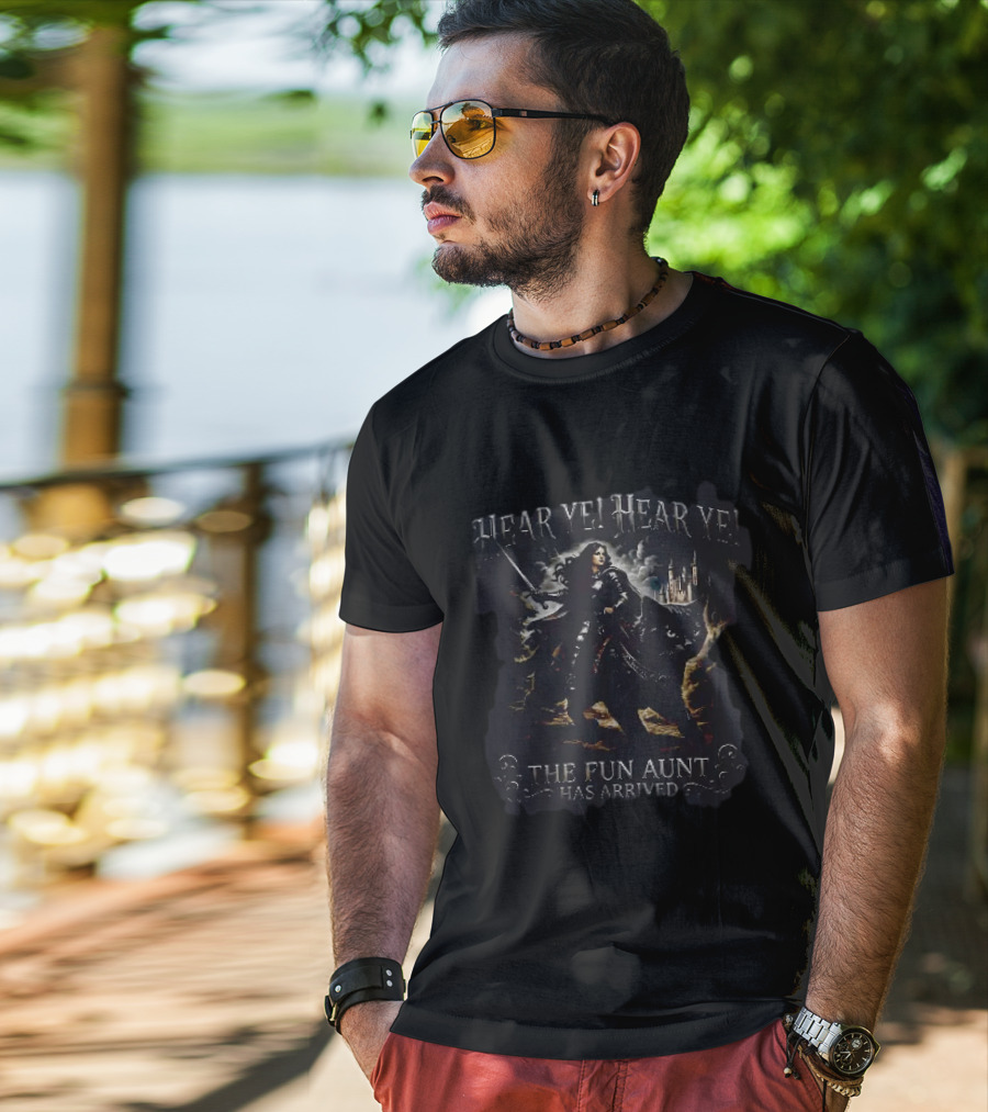 Hear Ye Hear Ye The Fun Aunt Has Arrived Knight On Giant Cat Castle Adventure T-Shirt