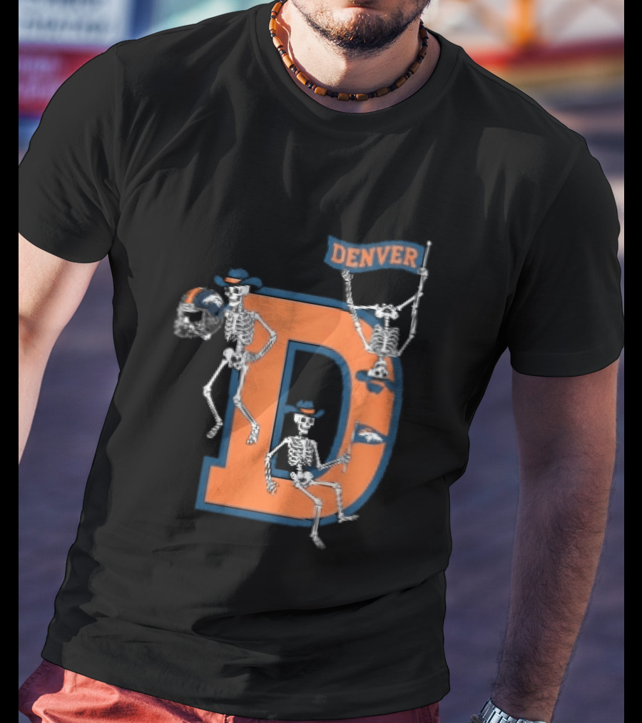 Denver Broncos Skeletons Cowboy Hats Big D Helmet Flag Orange T-Shirt