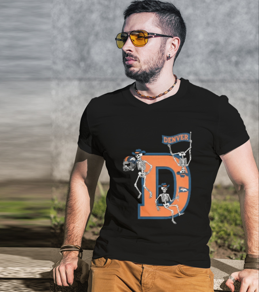 Denver Broncos Skeletons Cowboy Hats Big D Helmet Flag Orange T-Shirt