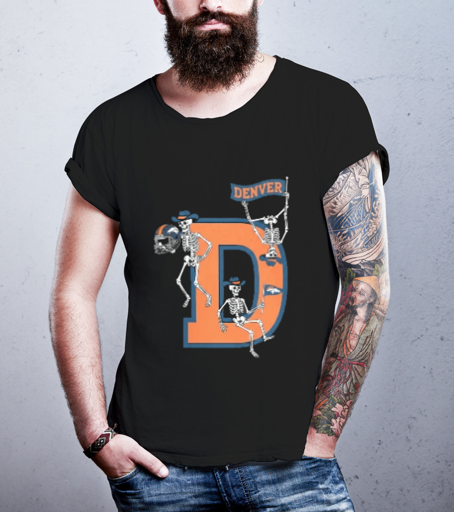 Denver Broncos Skeletons Cowboy Hats Big D Helmet Flag Orange T-Shirt