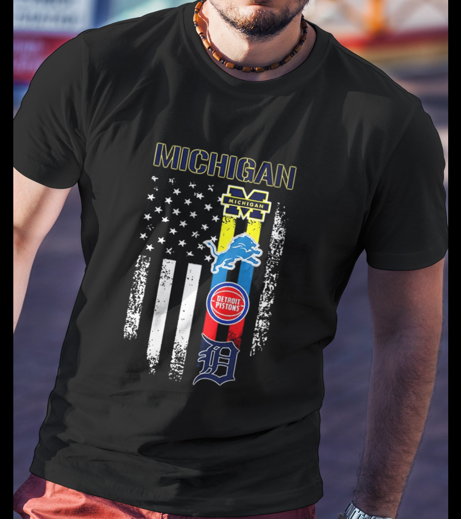 Michigan Wolverines Detroit Lions Pistons Tigers Flag T-Shirt