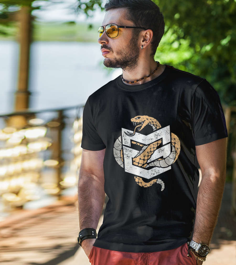 Distressed Rattlesnake Coiled Through Geometric T-Shirt