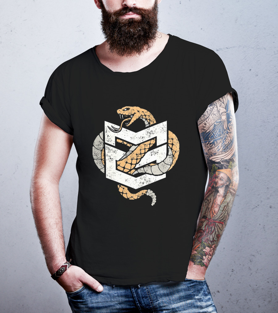 Distressed Rattlesnake Coiled Through Geometric T-Shirt