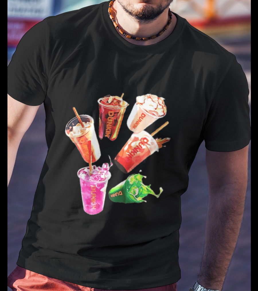 Dunkin Colorful Iced Coffee Beverages Splash With Straws T-Shirt