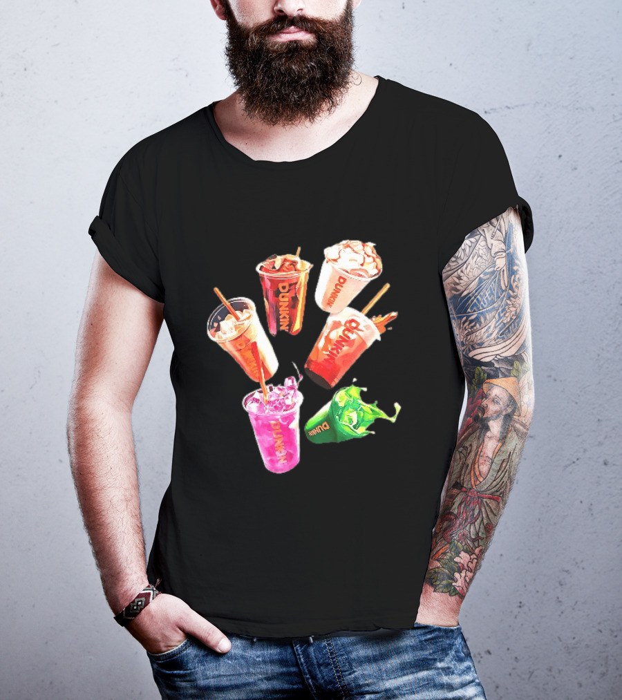 Dunkin Colorful Iced Coffee Beverages Splash With Straws T-Shirt