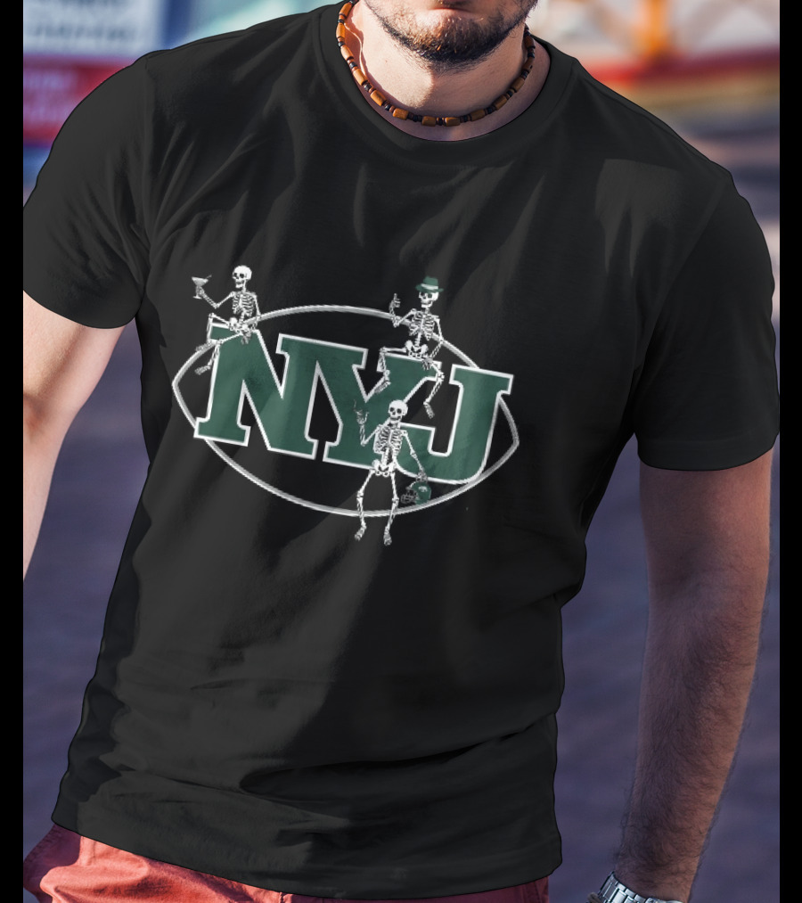 New York Jets Three Skeletons NYJ Drinking Smoking Green Helmet T-Shirt