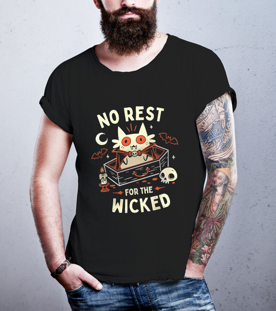 No Rest For The Wicked Vampire Cat Halloween Humor With Bats And Skull T-Shirt