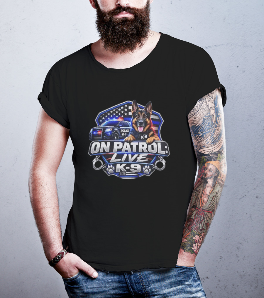 On Patrol Live K 9 German Shepherd Police Dog Badge American Flag T-Shirt