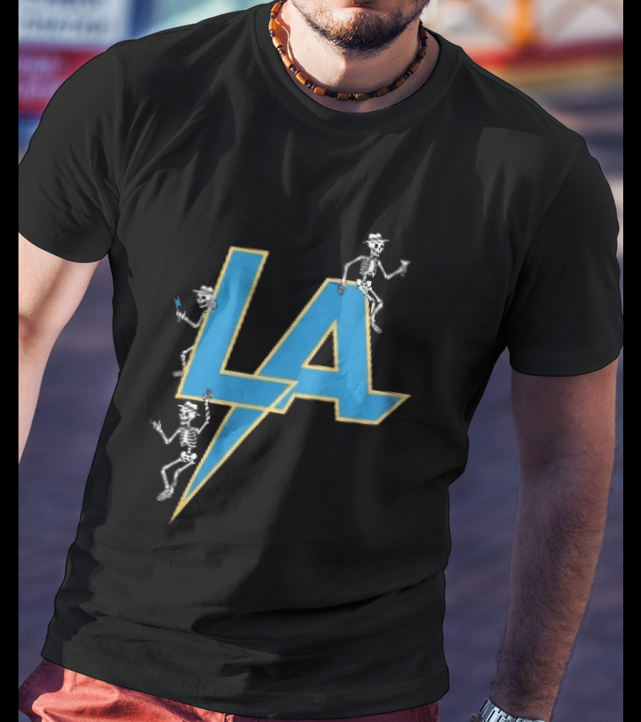 Los Angeles Chargers Skeletons On LA Lettering With Lightning Bolt T-Shirt
