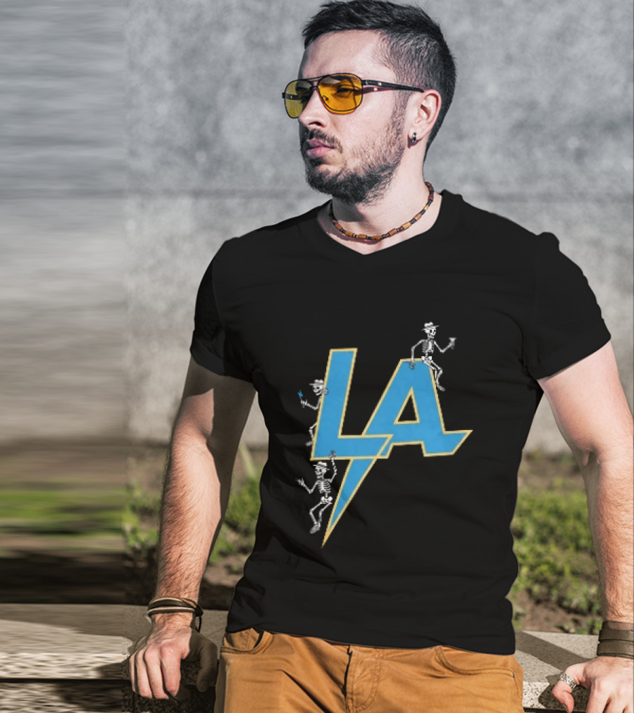 Los Angeles Chargers Skeletons On LA Lettering With Lightning Bolt T-Shirt