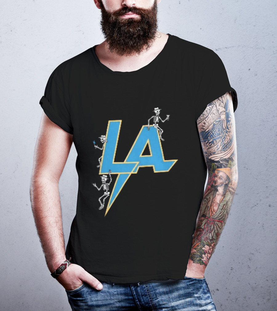 Los Angeles Chargers Skeletons On LA Lettering With Lightning Bolt T-Shirt