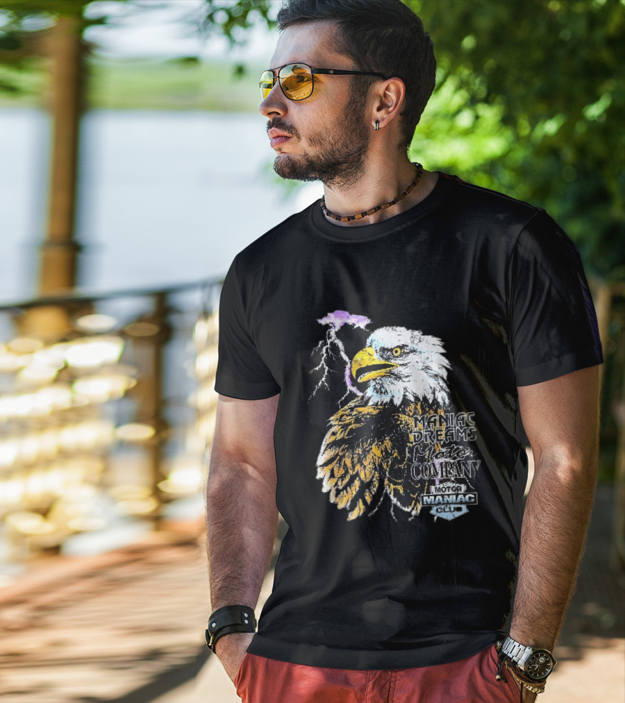 Maniac Dreams Motor Company Bald Eagle Purple Lightning Bolt Club T-Shirt