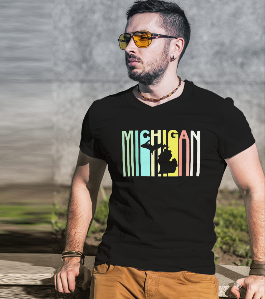 Michigan Colorful Vertical Stripe Map T-Shirt