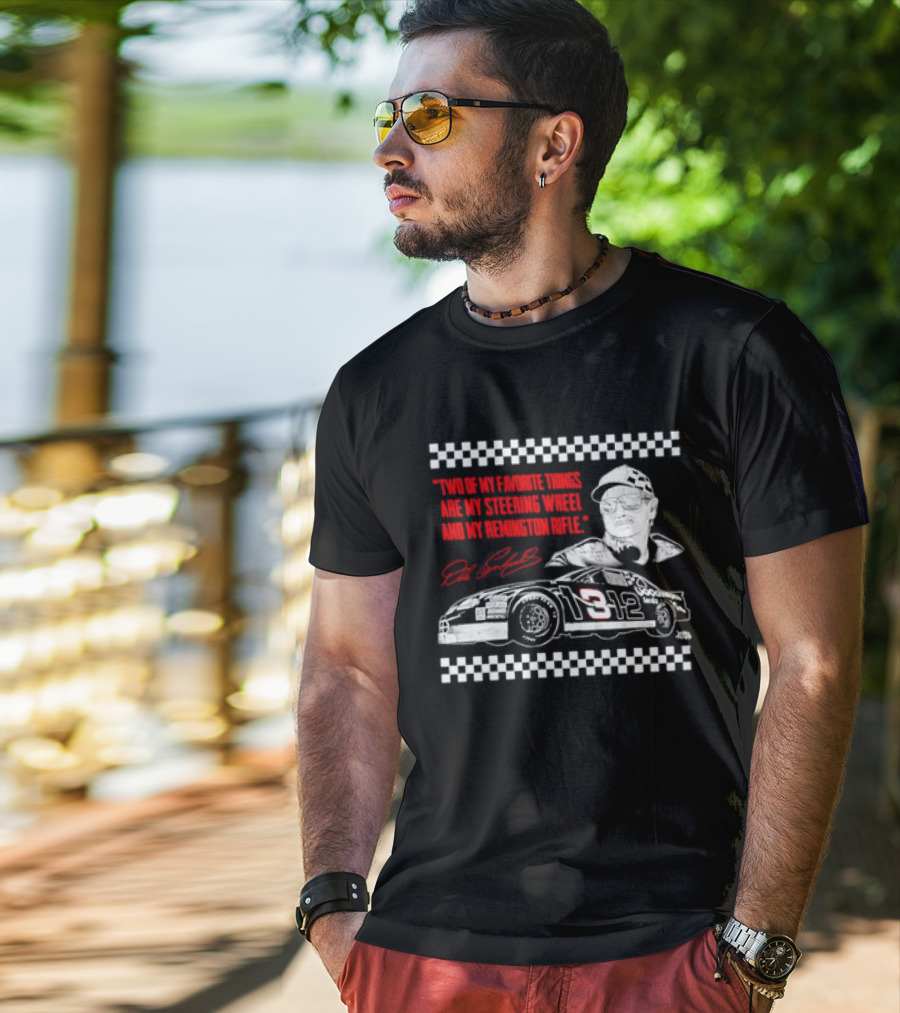 Two Of My Favorite Things Are My Steering Wheel And My Remington Rifle Racing Car 3 Checkered Flag T-Shirt