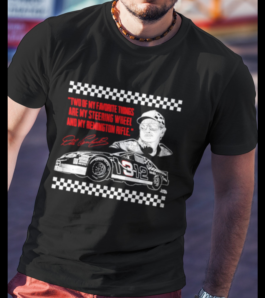 Two Of My Favorite Things Are My Steering Wheel And My Remington Rifle Racing Car 3 Checkered Flag T-Shirt