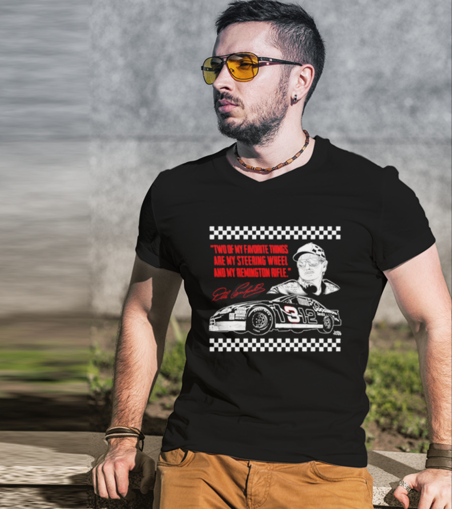 Two Of My Favorite Things Are My Steering Wheel And My Remington Rifle Racing Car 3 Checkered Flag T-Shirt