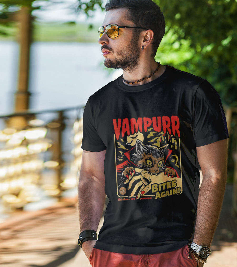 Vampurr Bites Again Vampire Cat Halloween Vintage Spooky Paws T-Shirt